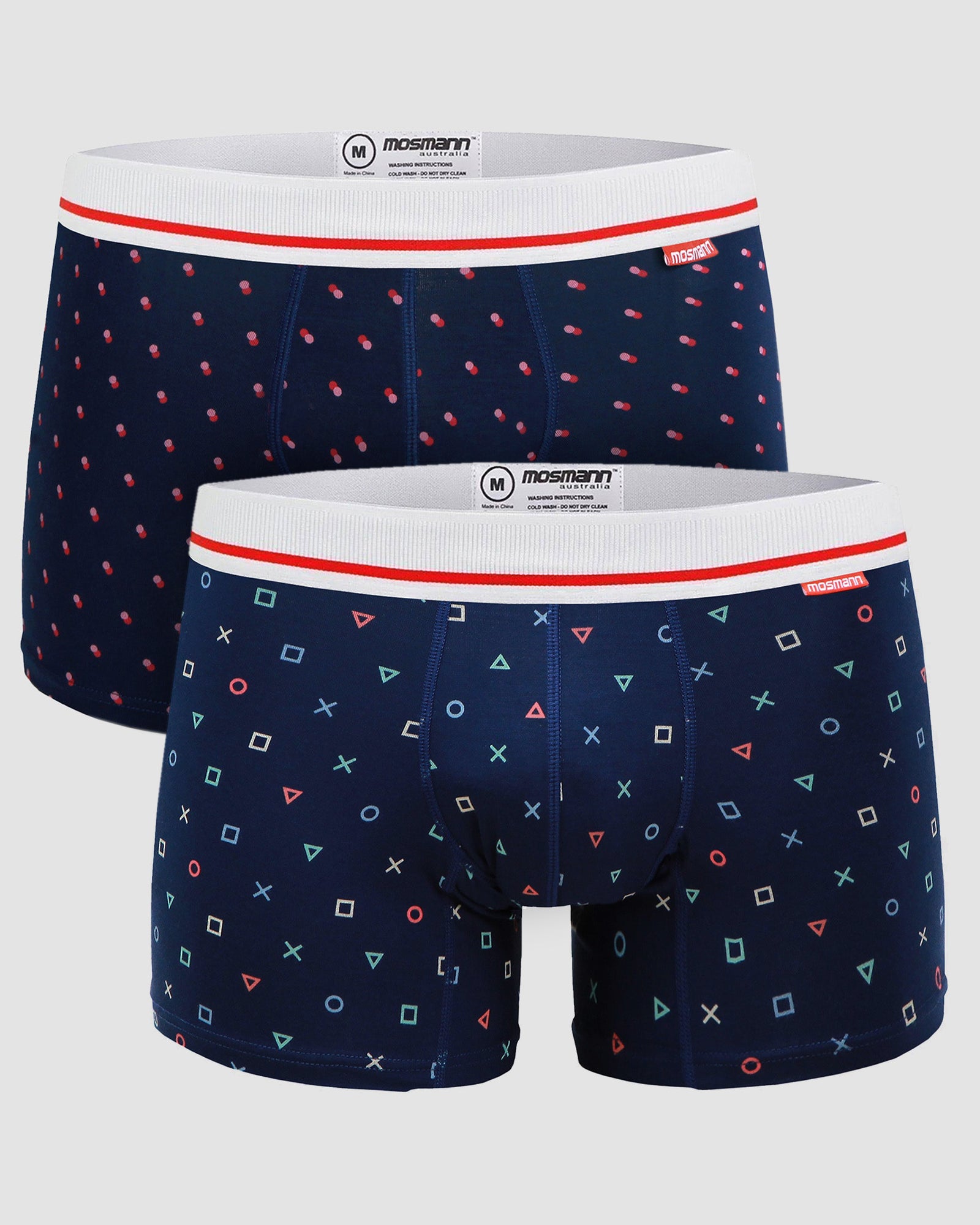 Complementary Pack of 2 Navy Blue Bamboo Trunks. One with dots printed on, the other has a small and simple geometric shapes.