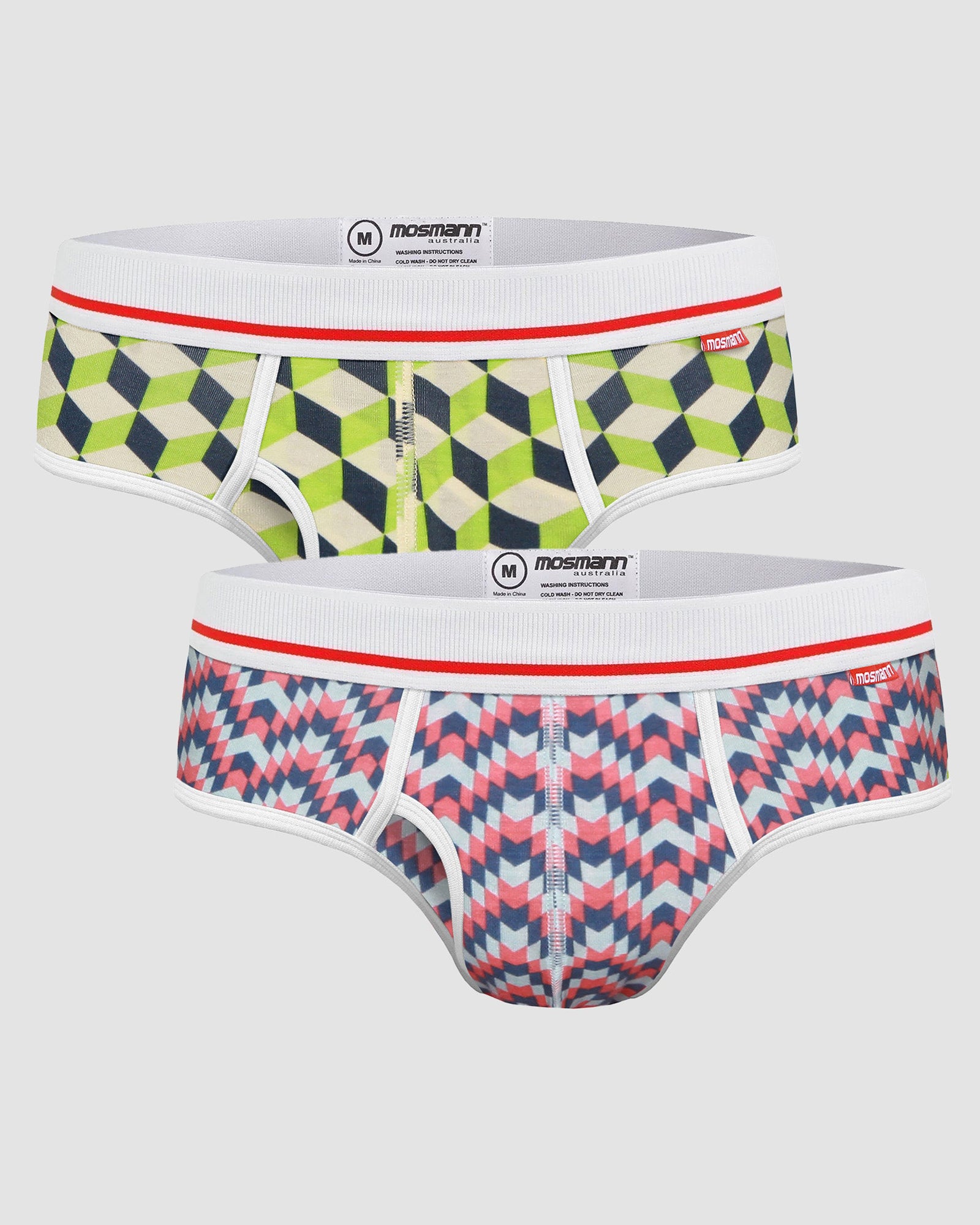 Mens 2Pack Geometric Print Briefs one in red tone and the other in green tones