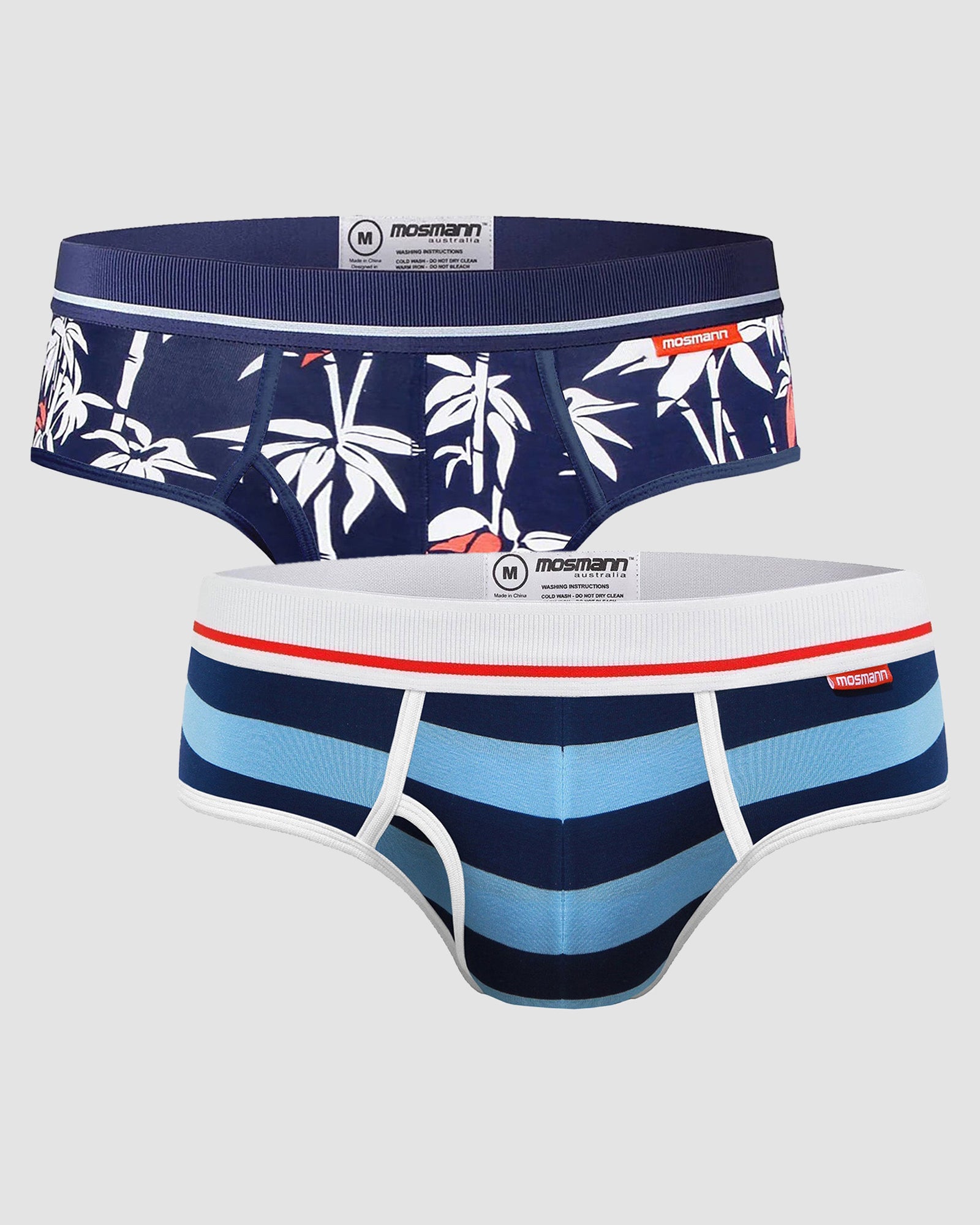 2Pack Mens Bamboo Briefs in blue colour. One design is a bamboo print, the other is blue on blue stripe.