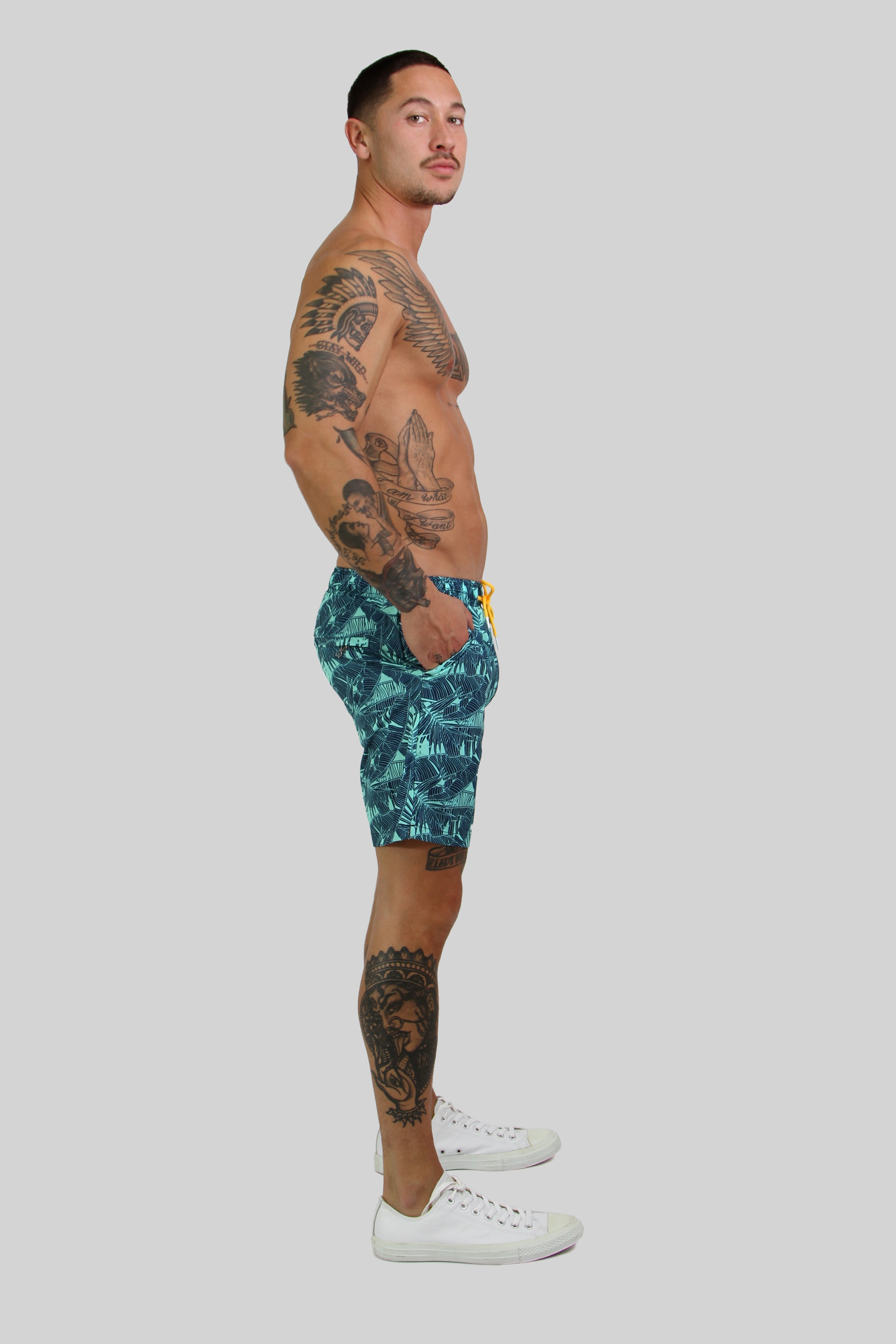 Side Pocket 4 way stretch Green Navy Men's Swim Short