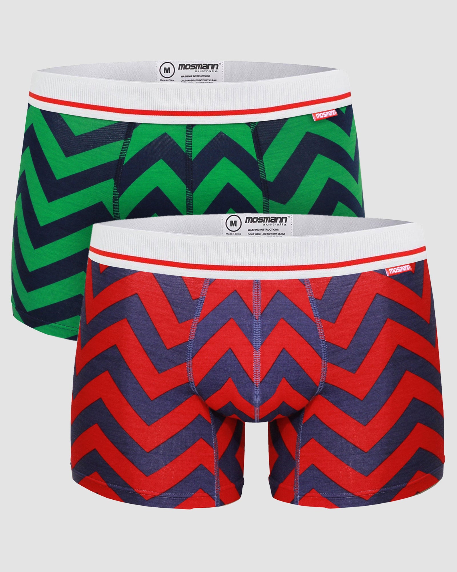 2Pack Mens Boxer Briefs with thick zig zag print design. one being navy and green coloured, the other is red and navy colour-way.