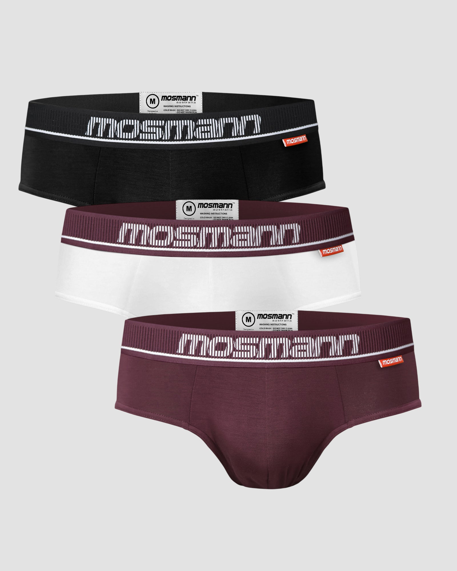 Three pairs of men's bamboo underwear with Mosmann branding on a light gray background