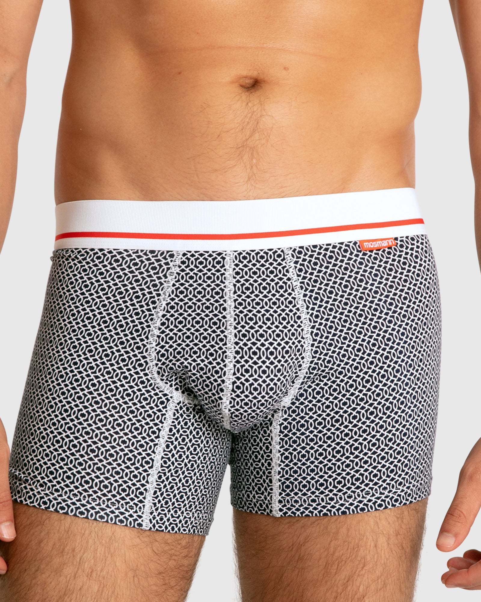 Image of mens kasbah underwear trunks worn by male model showing front view