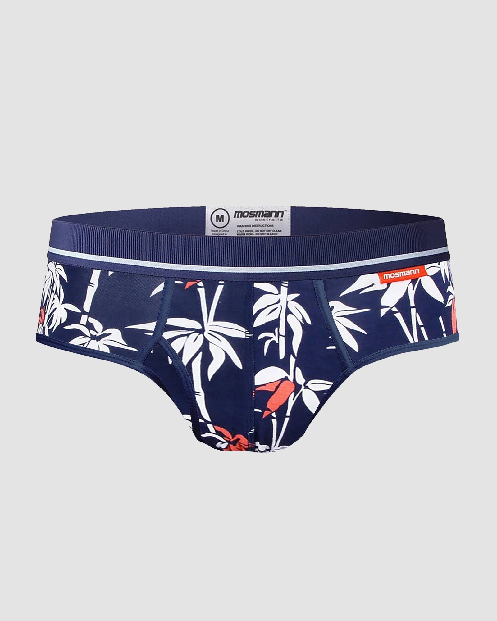 Blue mens bamboo briefs with a bamboo plant print it.