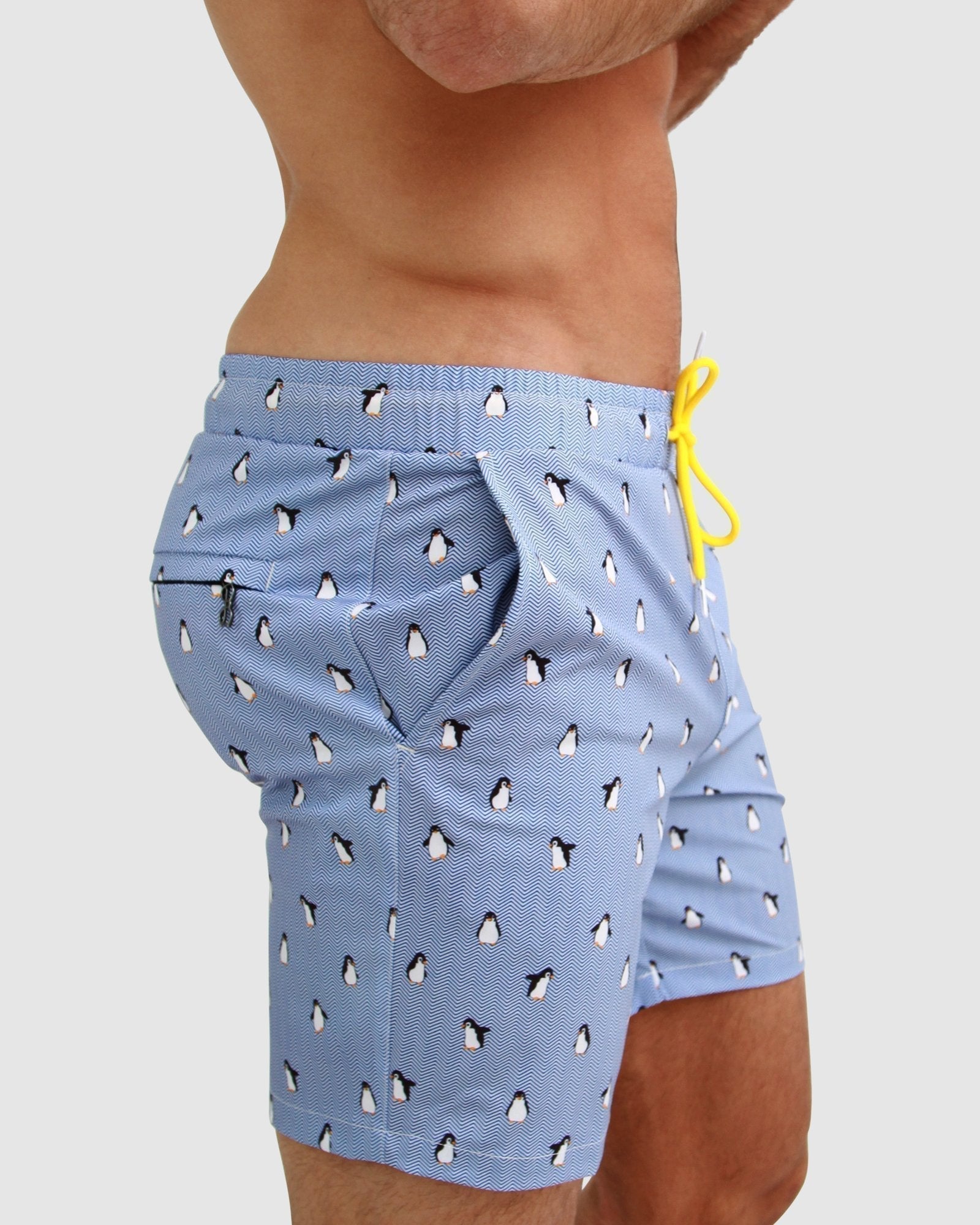 Side Pocket Blue men's swim Shorts penguin Print