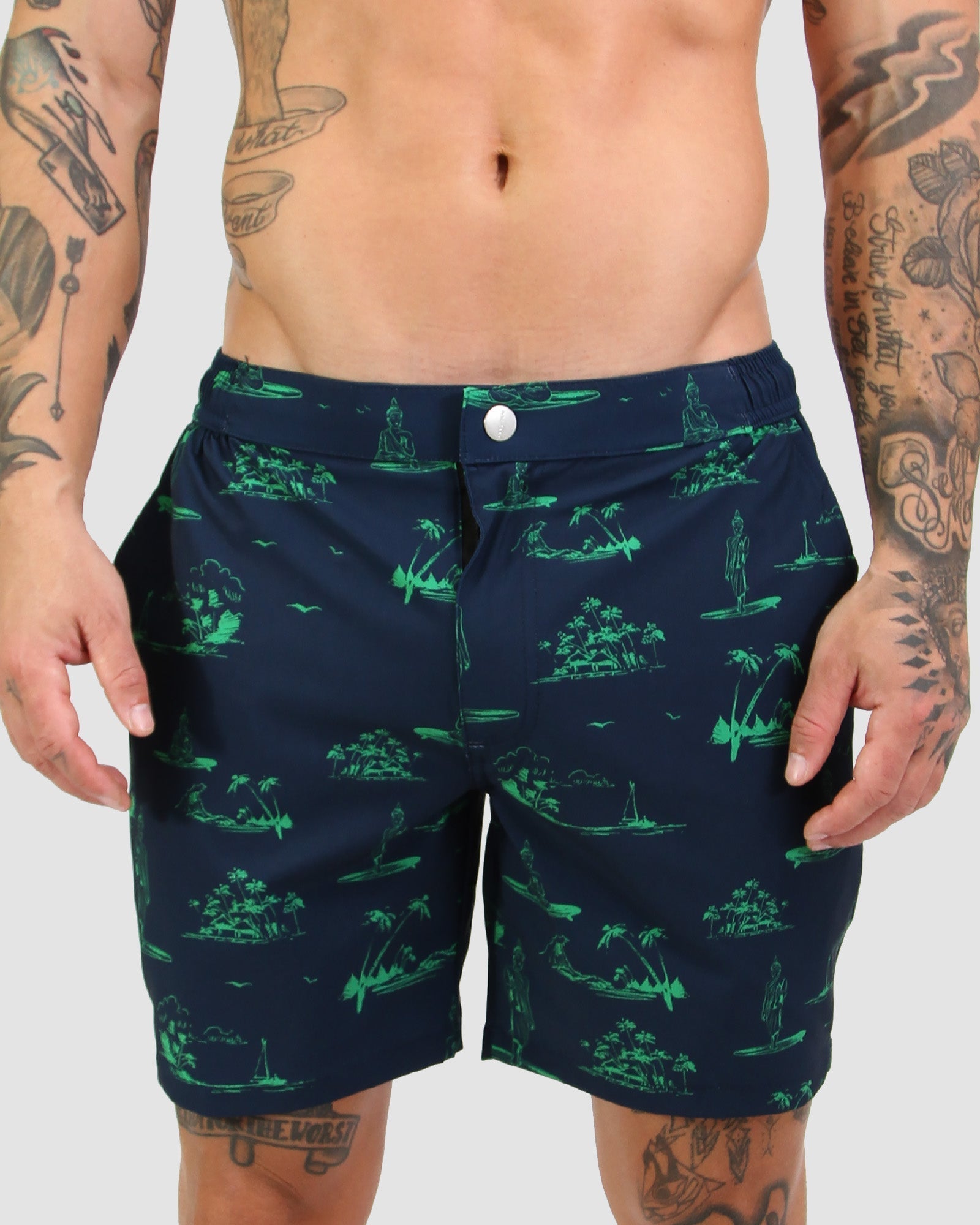 Black Green Men's Swim short with button