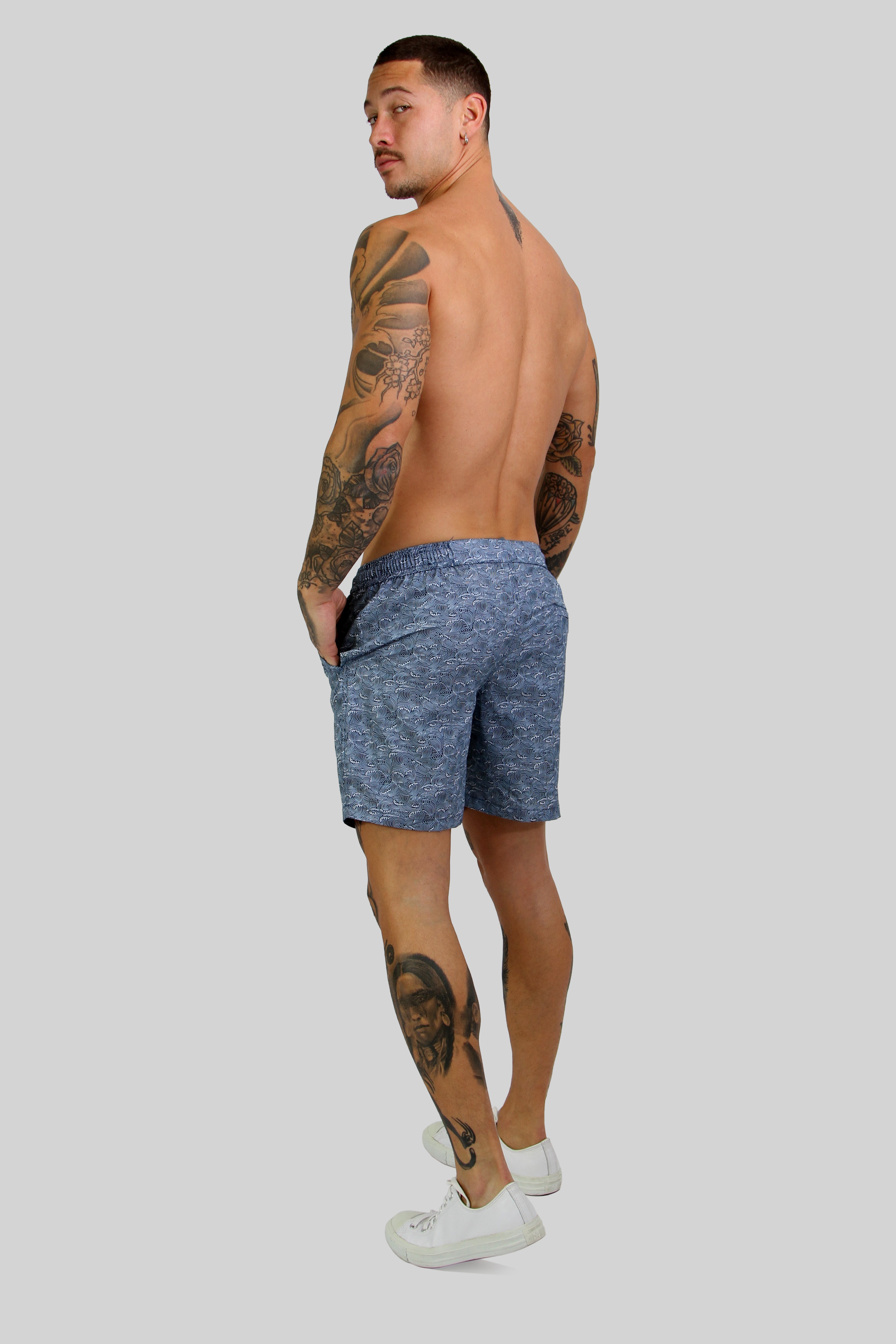 4 way stretch Wave Print Blue Men's Swim short